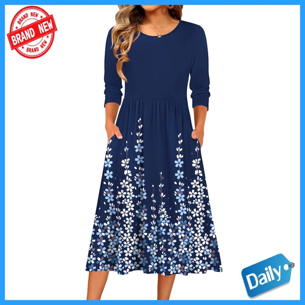 Flowy A-Line Midi Dress with Pockets Casual Boho Chic T-Shirt Style